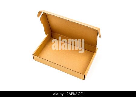 Opened square brown paper gift box and white lid tied up with