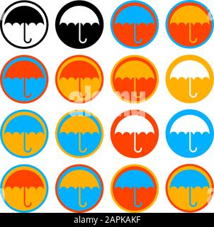 Flat icon set showing an umbrella over a circle in different colors Stock Vector