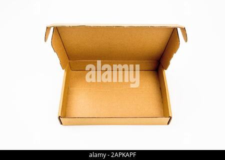 One opened rectangular cardboard box isolated on white background Stock Photo