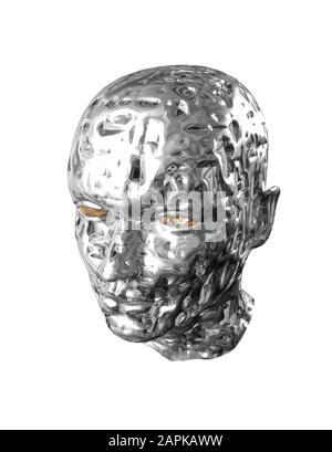 Silver disrupted damaged face of terminator isolated Stock Photo