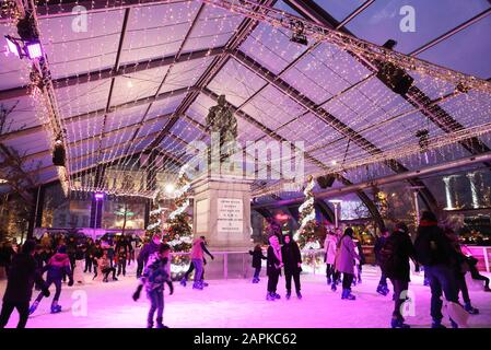 Christmas ice skating rink on Groenplaats, in historical Antwerp, in Belgium, Europe Stock Photo