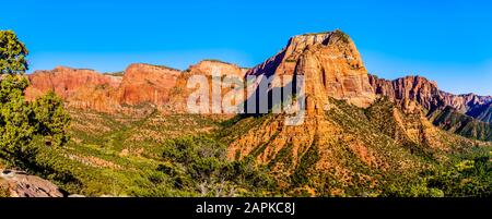 Panorama View of Nagunt Mesa, Shuntavi Butte and other Red Rock Peaks of the Kolob Canyon part of Zion National Park, Utah, United Sates. Viewed from Stock Photo