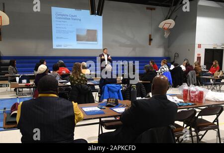 Racine, Wisconsin, USA. 21st Nov, 2019. Complete Count 2020,'' an informational session about the 2020 Census is held for community agency representatives Thursday November 21, 2019 at the Cesar Chavez Community Center in Racine, Wisconsin. Aims of the session were to spread awareness of the census and its importance, in hopes of recruiting census workers and in hopes of encouraging participation in the census itself. Racine County Executive JONATHAN DELAGRAVE started the session with remarks about the importance of the census. Credit: Mark Hertzberg/ZUMA Wire/Alamy Live News Stock Photo