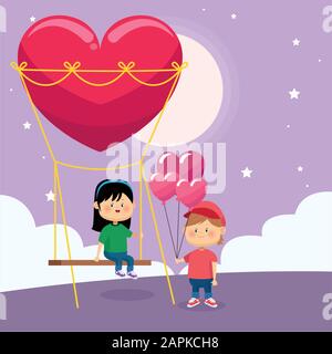happy boy with hearts balloons and girl on heart swing Stock Vector