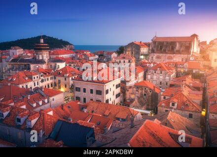Aerial view of houses with red roofs at sunset in Dubrovnik Stock Photo