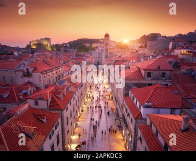 Aerial view of beautiful old city at sunset. Top view