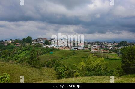 Lush green landscape in the Caretera 'coffee zone' Filandia, Colombia Stock Photo