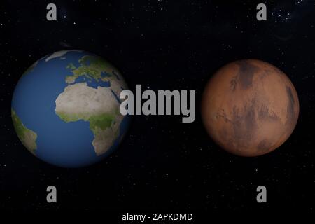 3d Illustration Earth vs Mars size differences in the planets Stock Photo