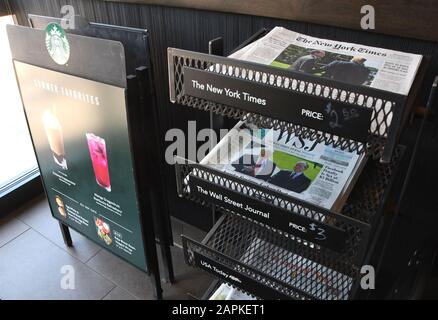 Mount Pleasant, Wisconsin, USA. 13th July, 2019. The New York Times, Wall Street Journal, (Racine, Wis.) The Journal Times, and USA Today are for sale Saturday July 12, 2019 at a Starbucks in the Village of Mount Pleasant, Wisconsin.Starbucks has announced that beginning in September it will no longer sell national and local newspapers in its stores. Credit: Mark Hertzberg/ZUMA Wire/Alamy Live News Stock Photo