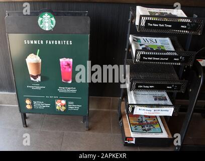 Mount Pleasant, Wisconsin, USA. 13th July, 2019. The New York Times, Wall Street Journal, (Racine, Wis.) The Journal Times, and USA Today are for sale Saturday July 12, 2019 at a Starbucks in the Village of Mount Pleasant, Wisconsin.Starbucks has announced that beginning in September it will no longer sell national and local newspapers in its stores. Credit: Mark Hertzberg/ZUMA Wire/Alamy Live News Stock Photo