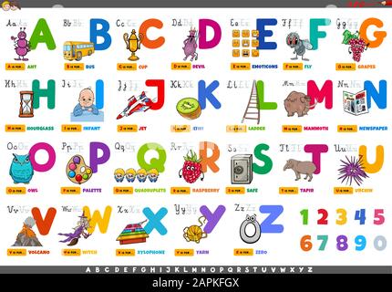 Cartoon Illustration of Capital Letters Alphabet Set with Funny Characters and Objects for Reading and Writing Education for Children Stock Vector