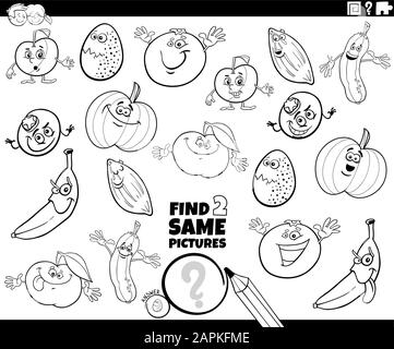 Black and White Cartoon Illustration of Finding Two Same Pictures Educational Activity Game for Children with Vegetables and Fruits and Food Character Stock Vector