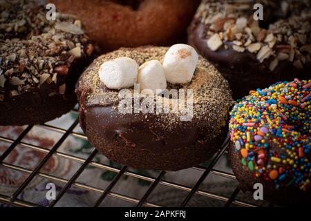 Chocolate glazed donut sprinklesd with cookie crumbs and mini marshmallows Stock Photo