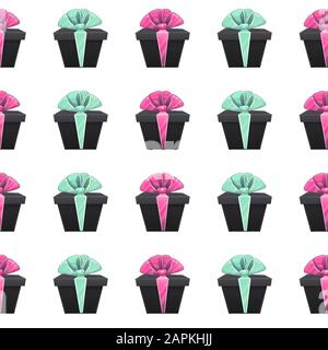 Gift box seamless pattern with presents boxes ribbon bow celebration surprise birthday wrapping paper or textile repeatable decor , vector cartoon . i Stock Vector