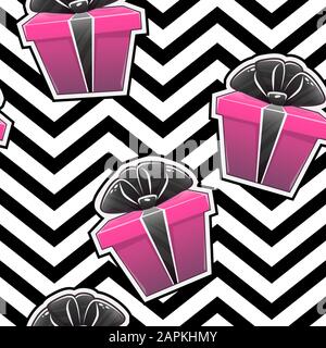 Gift box seamless pattern with presents boxes ribbon bow celebration surprise repeatable decor , vector lines cartoon . isolated on pink white stripes Stock Vector