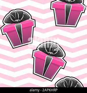 Gift box seamless pattern with presents boxes ribbon bow celebration surprise repeatable decor , vector lines cartoon . isolated on pink white stripes Stock Vector
