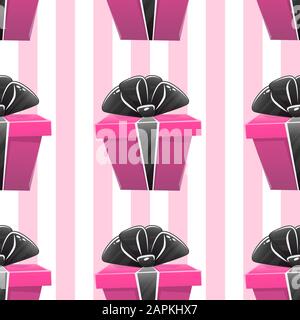 Gift box seamless pattern with presents boxes ribbon bow celebration surprise birthday wrapping paper or textile repeatable decor , vector lines carto Stock Vector