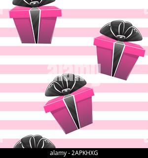 Gift box seamless pattern with presents boxes ribbon bow celebration surprise birthday wrapping paper or textile repeatable decor , vector lines carto Stock Vector