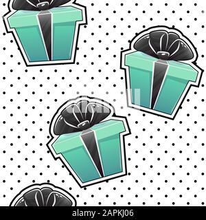 gift box seamless pattern party present design on black polka dots background wallpaper , vector repeatable tile for wrapping paper or textile Stock Vector