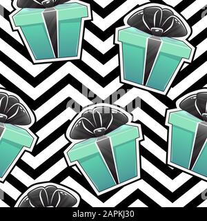 Gift box seamless pattern with presents boxes ribbon bow celebration surprise repeatable decor , vector lines cartoon . isolated on pink white stripes Stock Vector
