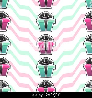 Gift box seamless pattern with presents boxes ribbon bow celebration surprise repeatable decor , vector lines cartoon . isolated on pink white stripes Stock Vector