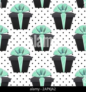 gift box seamless pattern party present design on black polka dots background wallpaper , vector repeatable tile for wrapping paper or textile Stock Vector