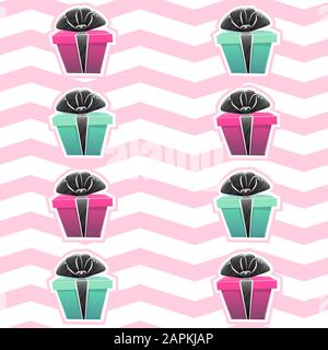 Gift box seamless pattern with presents boxes ribbon bow celebration surprise repeatable decor , vector lines cartoon . isolated on pink white stripes Stock Vector
