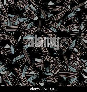 Black, blue and brown vector wicker background. Overlapping abstract feathered shapes in organic design. Seamless pattern. For texture, packaging Stock Vector