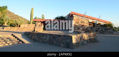 Scottsdale, Arizona, USA. 29th Oct, 2014. Eight buildings designed by Frank Lloyd Wright were designated UNESCO's World Heritage sites Sunday July 7, 2019 at the 43rd session of the World Heritage Committee in Baku, Azerbaijan. They include his home and studio, Taliesin West in Scottsdale, Arizona, shown October 29, 2014. Credit: Mark Hertzberg/ZUMA Wire/Alamy Live News Stock Photo