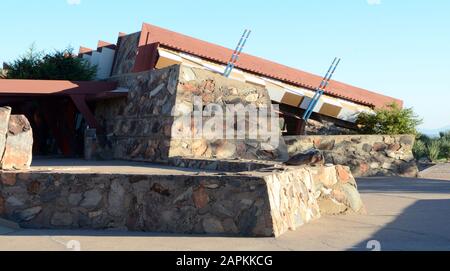 Scottsdale, Arizona, USA. 29th Oct, 2014. Eight buildings designed by Frank Lloyd Wright were designated UNESCO's World Heritage sites Sunday July 7, 2019 at the 43rd session of the World Heritage Committee in Baku, Azerbaijan. They include his home and studio, Taliesin West in Scottsdale, Arizona, shown October 29, 2014. Credit: Mark Hertzberg/ZUMA Wire/Alamy Live News Stock Photo