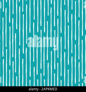 Vertical broken up white grunge lines in random design. Seamless linear geometric vector pattern on aqua blue background. For wellbeing, summer Stock Vector