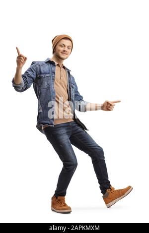 Full length shot of a young cheerful guy doing a dance move isolated on white background Stock Photo