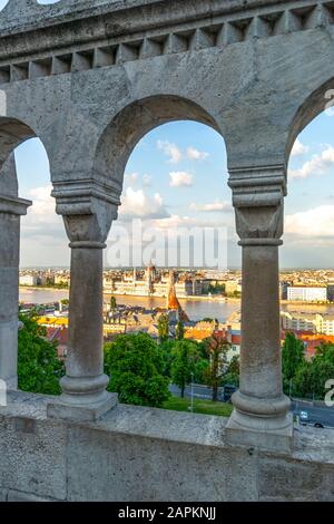 Hungary, Budapest, Parliament building seen from Fishermans Bastion Stock Photo