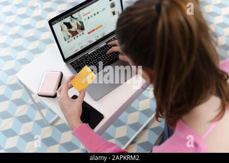 Back view of young woman using laptop and holding credit card Stock Photo