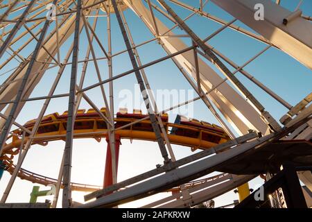 USA, California, Santa Monica, Low angle view of construction frame of Santa Monica Pier rollercoaster Stock Photo