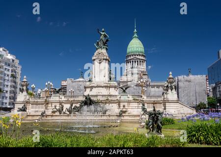 Beautiful view to National Congress building and statue in central Buenos Aires, Argentina Stock Photo