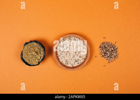 Different types of uses for hemp. Seeds, protein and powder. Flat lay style. Stock Photo