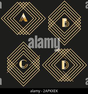 minimal black logo with art deco frame and letter in square Stock Vector