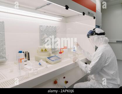 Researcher wearing safety helmet working in laboratory Stock Photo