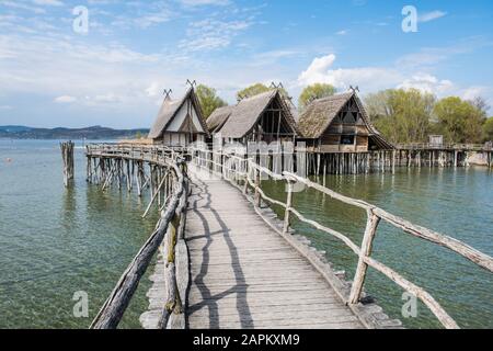 Germany, Unteruhldingen, Stilt houses on Lake Constance open-air archeological museum Stock Photo