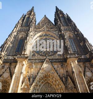Czech Republic, Prague, Low angle view of St. Vitus Cathedral facade Stock Photo