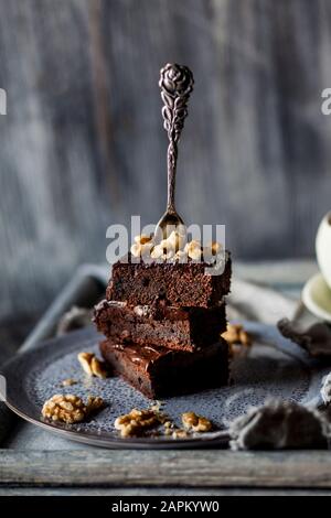 Stack of homemade gluten free brownies with chocolate and coffee glazing Stock Photo