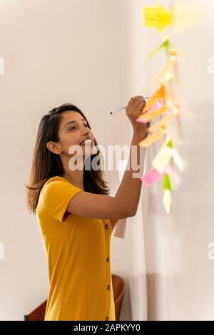 Smiling businesswoman working on adhesive notes in office Stock Photo