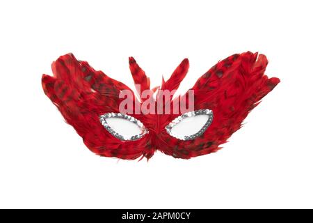 Dark red feather mask with silver beads isolated on a white background Stock Photo