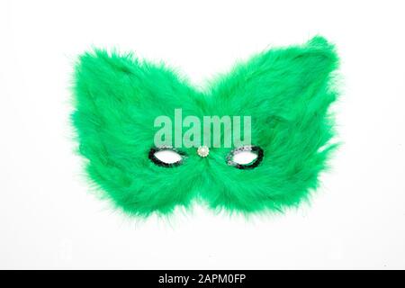 Green hairy carnival mask isolated on white background Stock Photo