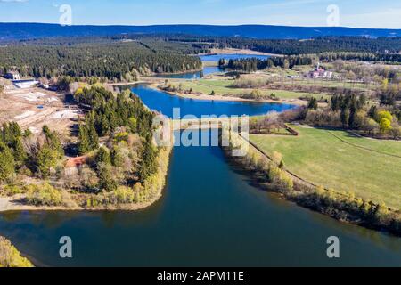 Germany, Lower Saxony, Goslar, Aerial view of Upper Harz Water Regale in spring Stock Photo