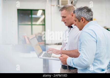 Two colleagues using laptop and discussing in a factory Stock Photo