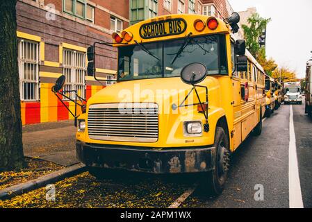 USA, New York, New York City, School bus on street Stock Photo