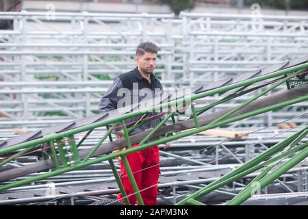 Skilled worker, working in conveyor belt shop Stock Photo