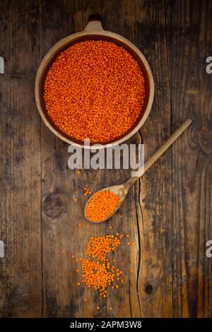 Overhead view of bowl of organic red lentils Stock Photo